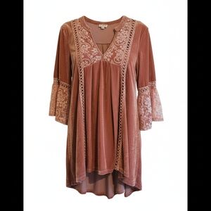 POL Womens V-Neck Velvet  Embroidered Boho Floral Tunic/Dress - Sz S NWT